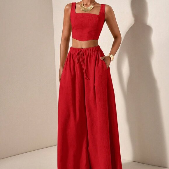 Red womens crop top & flowy wide legged pants textured fabric coord set